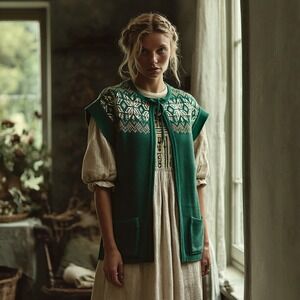 Catalina Jacquard Green Wool Blend Knit Cardigan Nordic Fair Isle Cottagecore